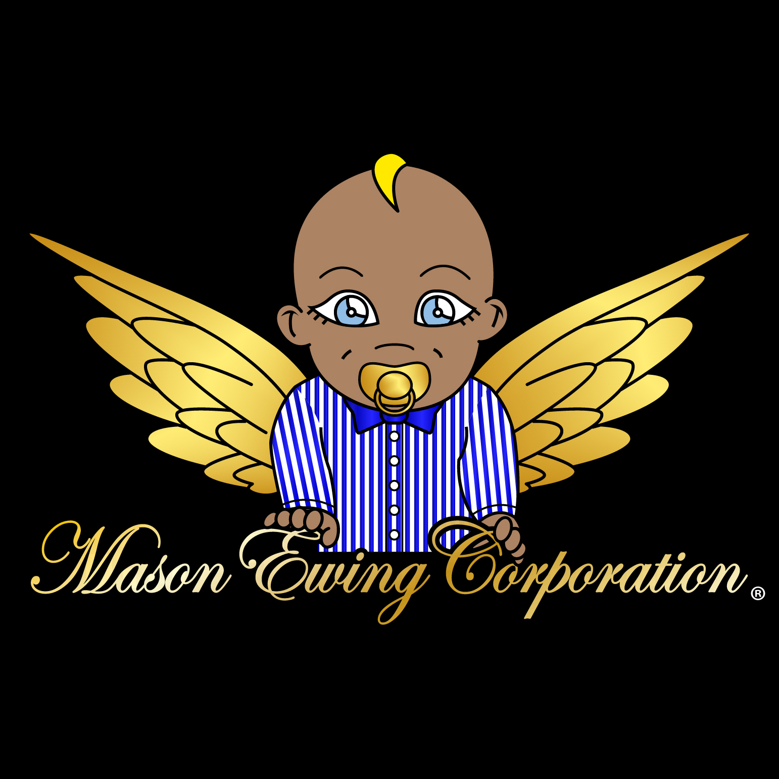 Mason Ewing Corporation logo: a winged baby wearing a blue and white striped shirt, in a golden crest, with the words Mason Ewing Corporation underneath