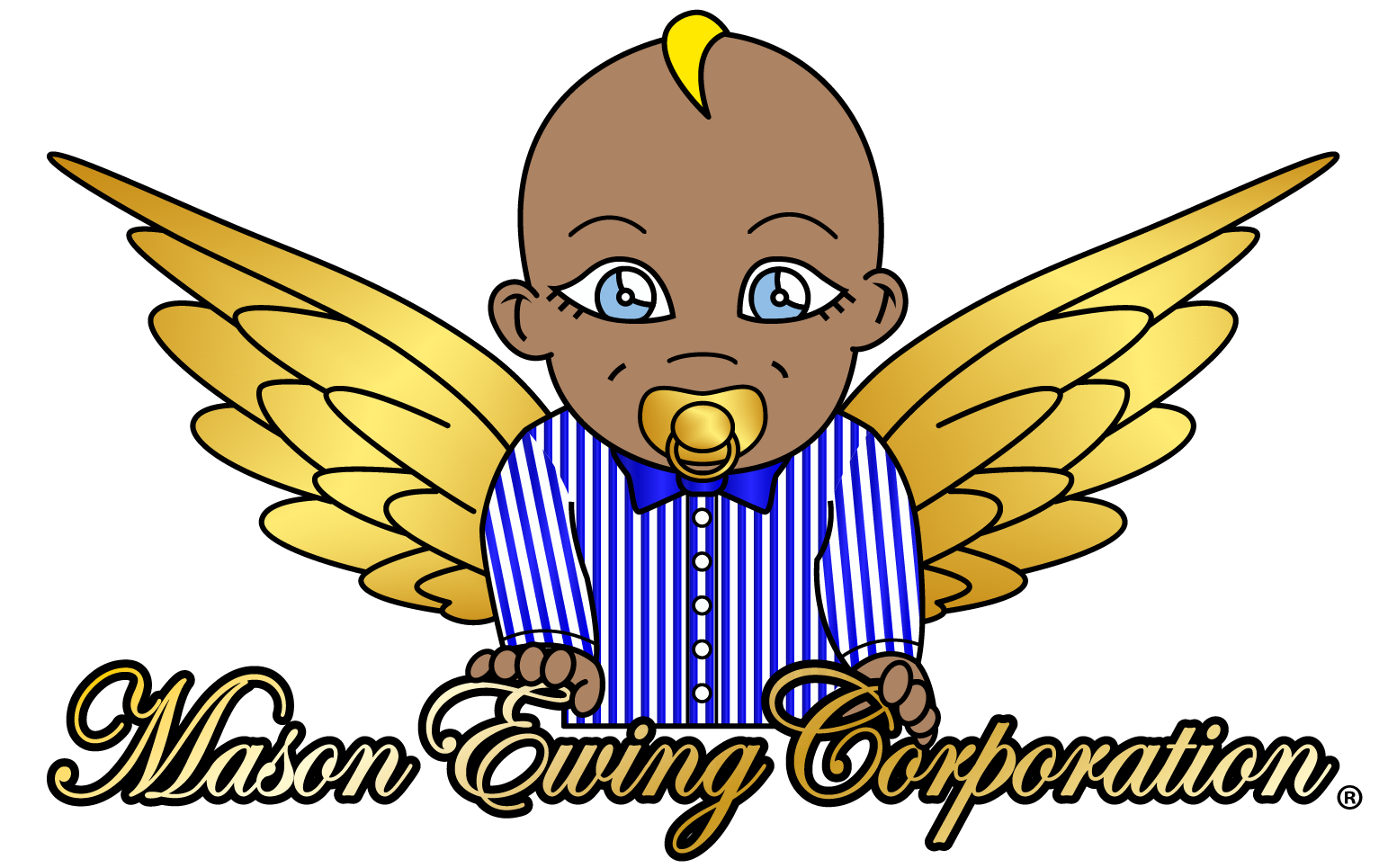 Mason Ewing Corporation logo: a winged baby wearing a blue and white striped shirt, in a golden crest, with the words Mason Ewing Corporation underneath